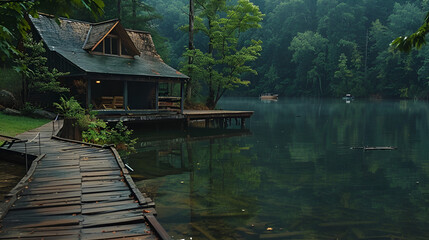 A cabin on a lake with a wooden walkway and a forest in the background on a cloudy day view