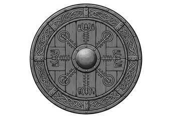 Obraz premium Ancient Viking Shield: Norse Mythology Inspired Wooden Round Shield with Celtic Knotwork and Runes