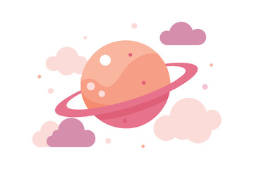 Fototapeta premium A stylized illustration of a planet with rings, surrounded by fluffy clouds and stars.