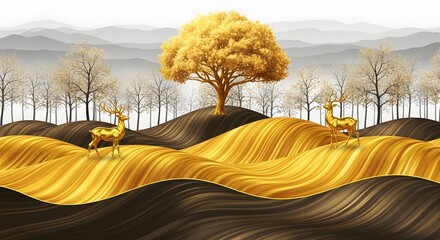 Golden deer landscape art painting abstract tree mountain forest nature scenery illustration