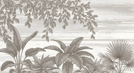 Botanical illustration tropical leaves plant art drawing nature design vintage retro style decor