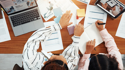 Teamwork, research and documents with business people in office for meeting, schedule or update....