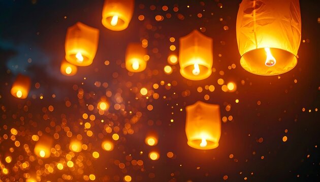 願いを乗せて昇る光：夜空に浮かぶランタンの輝きGenerated image