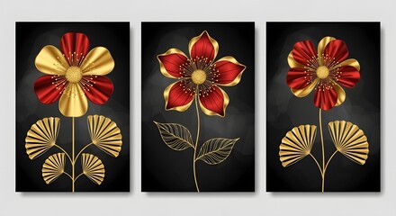 Elegant floral art print set red and gold botanical wall decor flower canvas painting artwork design