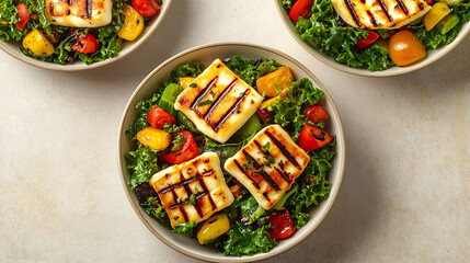 Grilled halloumi and vegetable salad photographed from above, featuring bold color contrast between greens, reds and yellows on a neutral background
