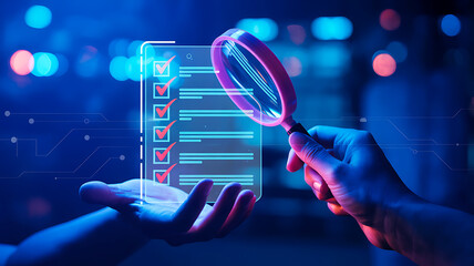 Hand holding magnifying glass over digital checklist with glowing ticks in futuristic background

