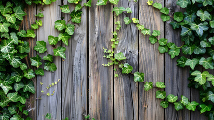 Green ivy climbing on a weathered wooden fence creating a natural and rustic background texture look