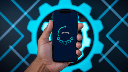 Hand holding smartphone with system update progress screen and digital gear background

