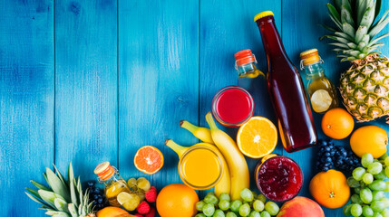 A vibrant display of colorful fruits and smoothies, arranged on an isolated blue wooden background.