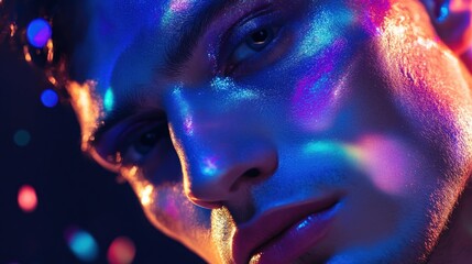 Close-Up Portrait of a Man Illuminated by Vibrant Neon Lights and Glitter Accents