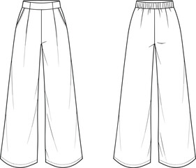 Flat technical sketch of wide leg palazzo pants with side pockets, front waistband, elastic back, casual fashion garment design vector.