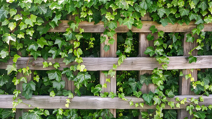 Ivy growing on a wooden trellis covering the entire structure with green leaves and vines detail