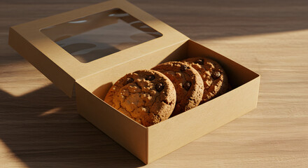 Four Chocolate Chip Cookies in Kraft Paper Box with Transparent Lid – Fresh Baked Homemade Treats on Wooden Table, Natural Light, Ideal for Food Presentation and Gift Packaging
