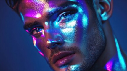 Portrait of a handsome man illuminated by neon lights, vibrant colors, and modern aesthetics creating a stylish and captivating image