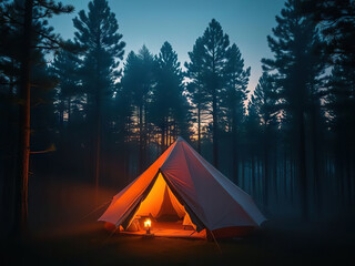 Glowing tent in misty forest at dusk creates serene and adventurous atmosphere