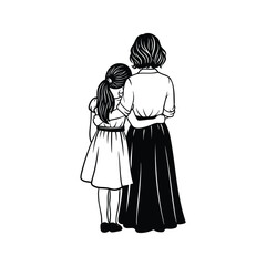 Mother and Daughter Hugging Silhouette, Mom and Girl Back View Illustration, Family Love Line Art, Black and White Clipart