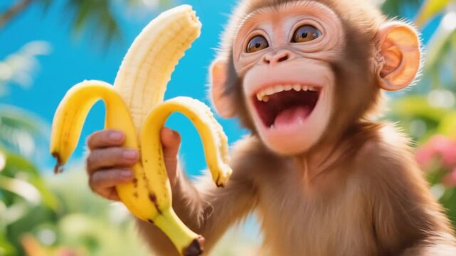 Cheerful baby monkey smiling while holding a banana, a delightful moment suitable for playful animal content and children-friendly wildlife scenes.