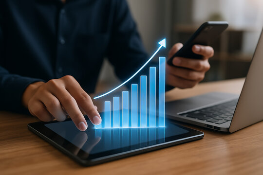 Business professional interacting with holographic financial analysis displaying upward trending bar graph on digital tablet with smartphone and laptop close up