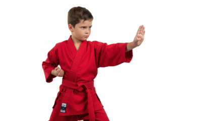 Focused young boy in red gi practices martial arts with determined expression and strong stance