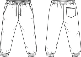 Technical flat sketch of jogger pants with ribbed cuffs, drawstring waistband, pocket detail, front and back view illustration.