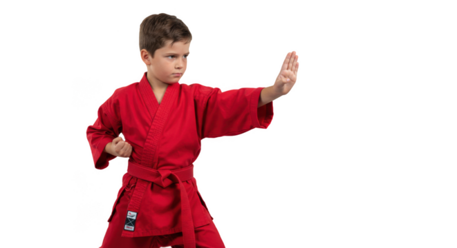 Focused young boy in red gi practices martial arts with determined expression and strong stance
