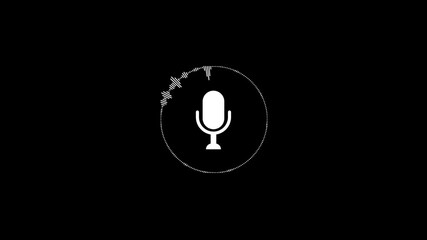 White microphone with animated audio waves for audio recording. Microphone in circle shows audio input. Circle audio spectrum visualizes sound frequency. Microphone icon highlights voice recording. - Powered by Adobe