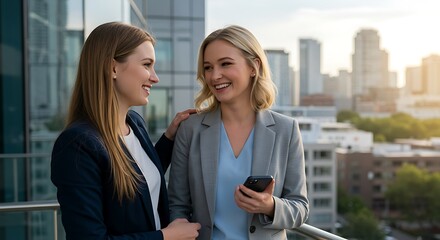 Two Smiling Businesswomen Talking on a Rooftop Balcony with City Views