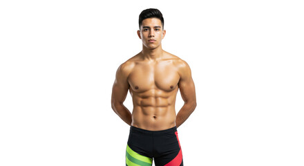 An athletic man with his hands clasped behind him poses showcasing muscular physique and confidence.