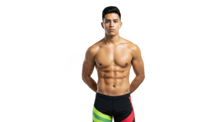 An athletic man with his hands clasped behind him poses showcasing muscular physique and confidence.