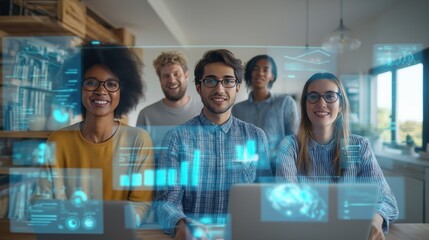 Multicultural business meeting with holographic interface: Futuristic corporate negotiation scene, diverse professionals collaborating via floating 3D display