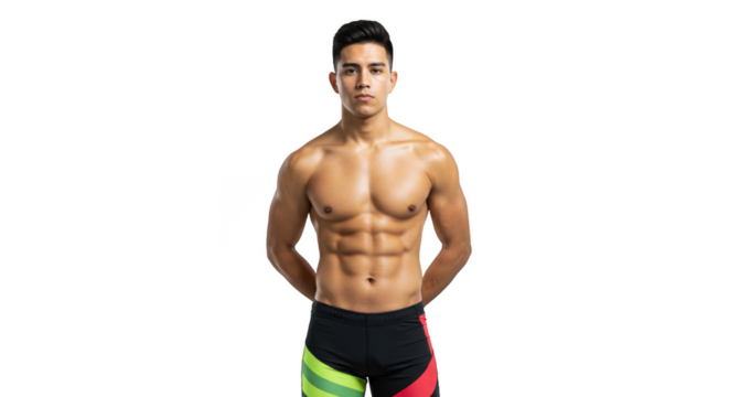 An athletic man with his hands clasped behind him poses showcasing muscular physique and confidence.