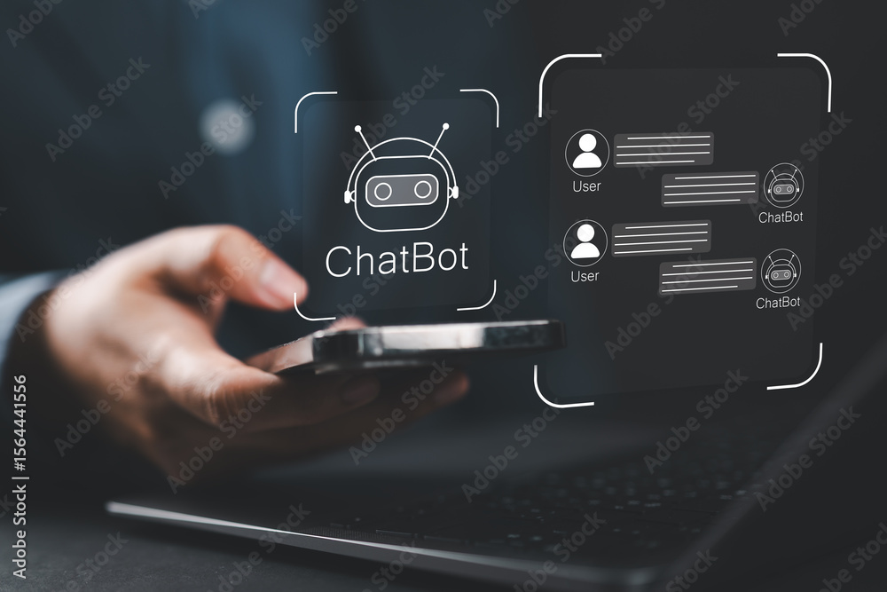 Poster Man using system AI Chatbot in laptop or mobile application to uses artificial intelligence chatbots automatically respond online messages intelligent service to help customers