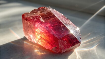 A vibrant red crystal reflecting sunlight.