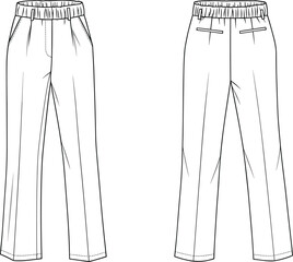 Women’s straight-leg pants flat sketch with elastic waistband, belt loops, front pockets, back welt pockets, technical vector drawing