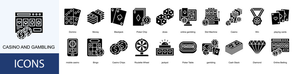 Casino and Gambling icon collection set. Containing Domino, Money, Blackjack, Poker Chip, dices icon.