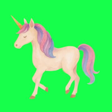 Colorful unicorn animation, transparent 4K video, green screen