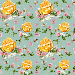 Clover, bees and honey seamless pattern in watercolor technique