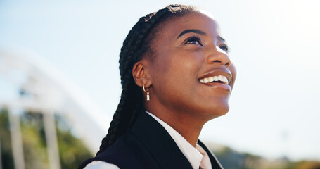 Thinking, happy and business with black woman in city for real estate developer, idea and commute. Reflection, property manager and morning journey with person outdoor for opportunity and smile