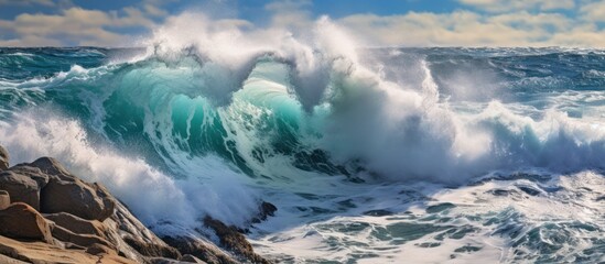 dramatic ocean wave crashing against rocks, stormy seas with powerful waves, rugged coastline with turbulent surf, dramatic seascape with crashing waves, cinematic landscape of churning waves and jagg