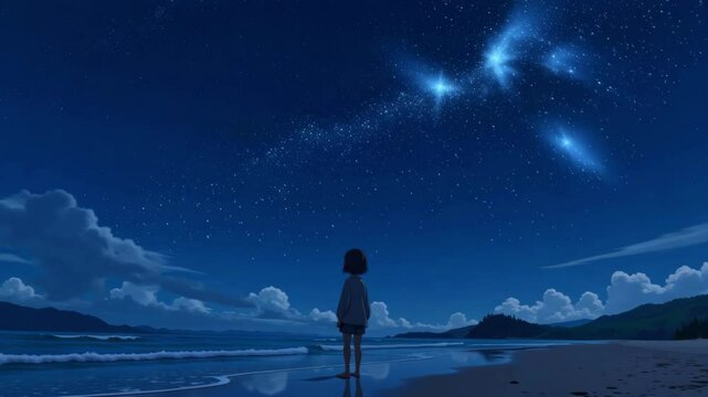 A serene 4k anime scene shows a Japanese girl on a starlit beach with gentle waves and a calming lofi hip-hop beat, creating a peaceful atmosphere.
