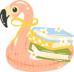 Cute Flamingo Pool Float with Stacked Books and Flowers Illustration


