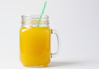 Fresh Orange Juice in Glass Mason Jar with Straw