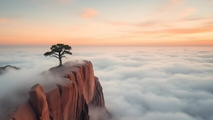 Lone Tree on Red Cliff Above Clouds at Sunset with Scenic View
