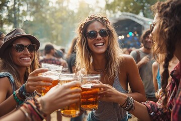 Happy woman and her friends having fun and toasting with beer on summer music festival. High quality