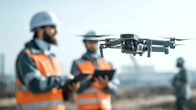 Team of Engineers Testing Small Drone in Open Field