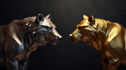Gold bear and silver wolf facing each other animal statues