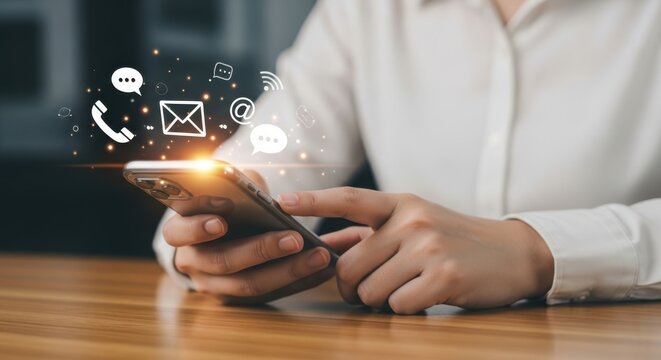 A woman uses a smartphone with communication icons floating above it
