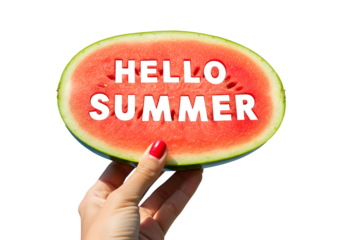 A Hand Holding a Watermelon Slice Saying Hello Summer, A Refreshing Summer Treat