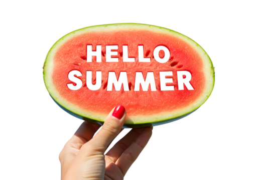 A Hand Holding a Watermelon Slice Saying Hello Summer, A Refreshing Summer Treat