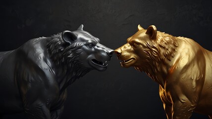 Gold bear silver bear facing off animal statues confrontation